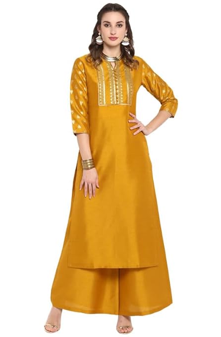 Jasmine Women's Mustard Silk Blend Foil Printed Kurta with Palazzo