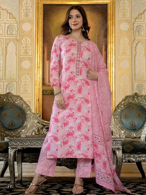 Virika Women's Rayon Blend Floral Straight Printed Kurta Pant with Dupatta