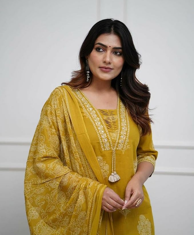 Poshak | Women's Pure Cotton Printed with Handwork Kurta with Pants and Dupatta Set