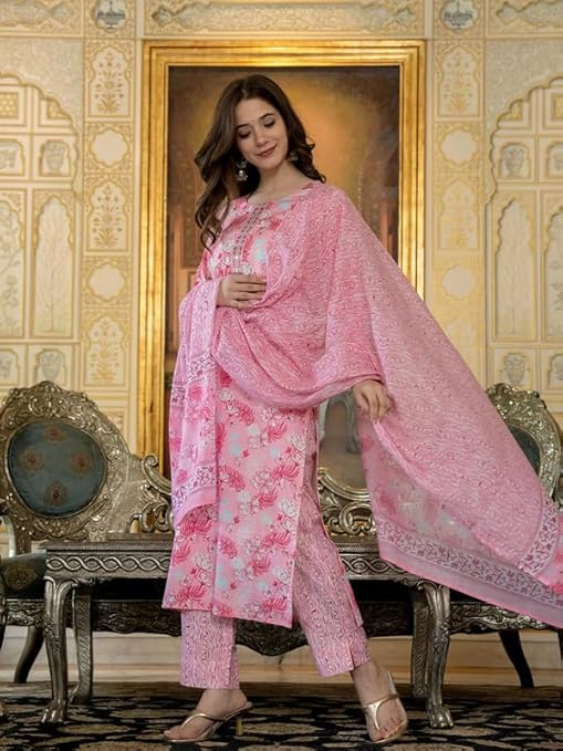 Virika Women's Rayon Blend Floral Straight Printed Kurta Pant with Dupatta
