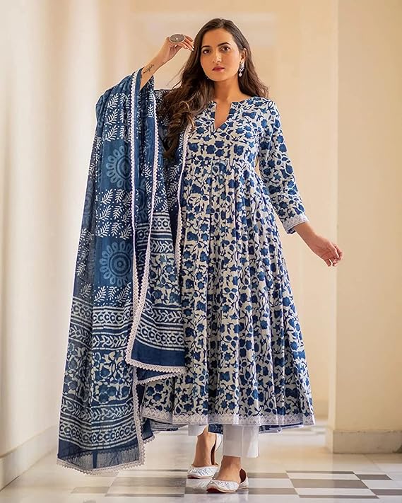 MEERA FAB Women's Cotton Printed Anarkali Kurta