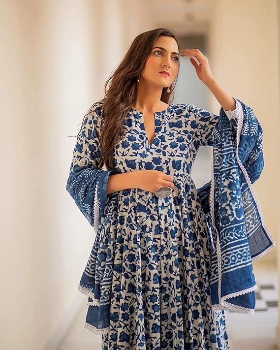 MEERA FAB Women's Cotton Printed Anarkali Kurta