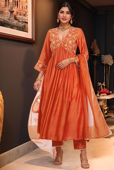 Adira Designer Women's Rayon Viscose Anarkali Embroidered Kurta with Pant