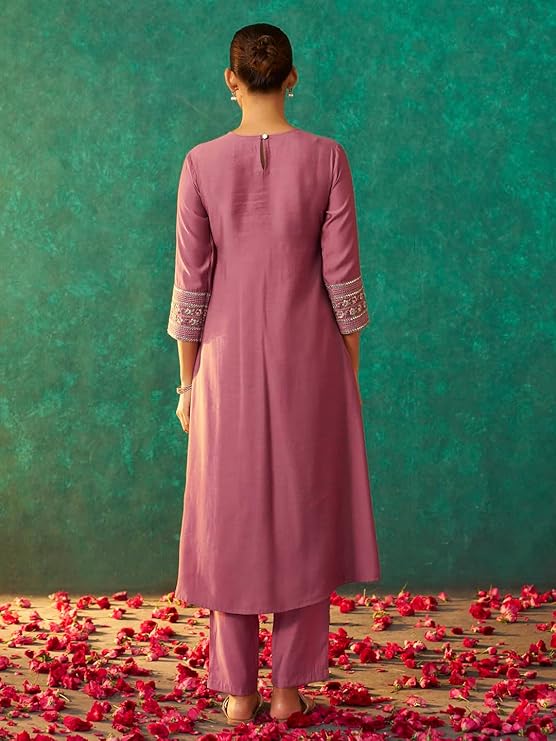 Aafiya A-Line Embroidered Kurta Set with Pockets and Solid Straight Pants