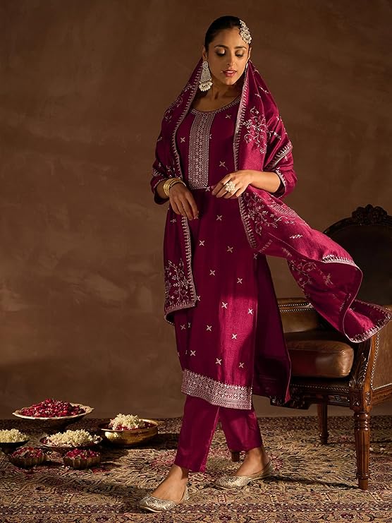 Indira Women's Silk Blend Kurta Pant With Dupatta