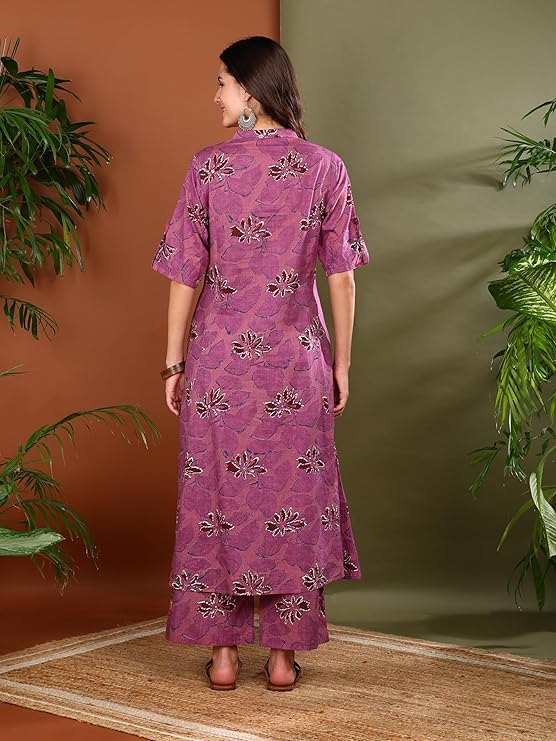 Yuvika Gallery Women's Cotton Floral Print Knee-Length Half Sleeve A-line Kurta With Pant