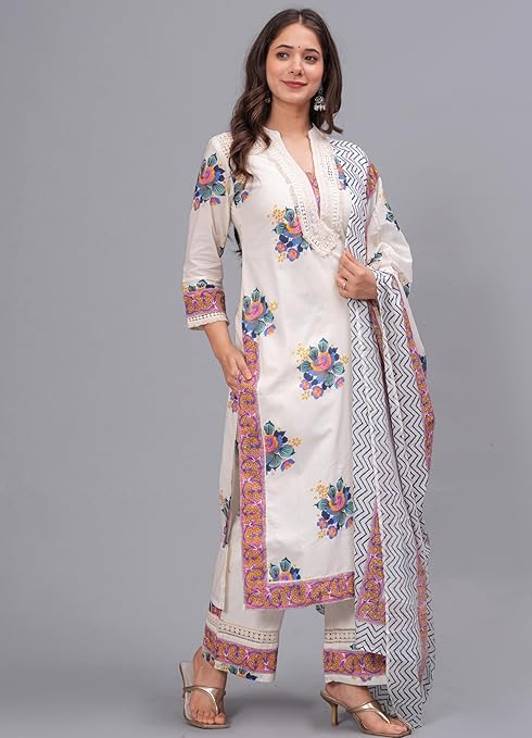 Aarvi Women's Pure Cotton Printed Straight Kurta Set