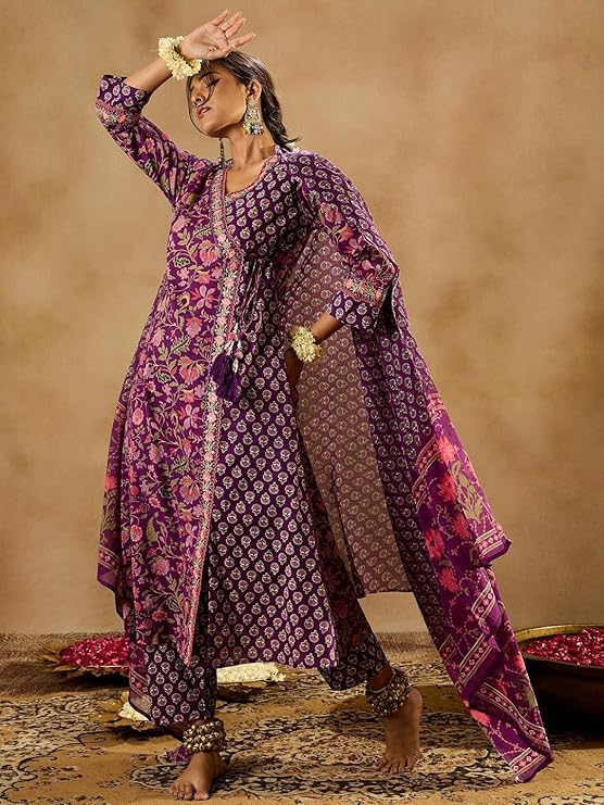 Ivana Women's Silk Blend Floral Embroidered Angrakha Kurta Palazzo With Dupatta Set