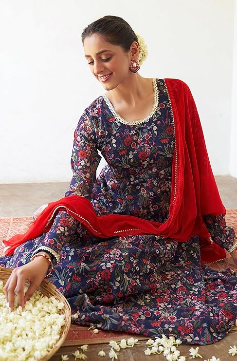 Jalaja Women's Dark Blue Georgette Digital Floral Printed Kurta with Palazzo and Dupatta