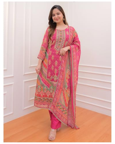 AVYUKTHA Chanderi Kurta Pant Dupatta Set For Womens