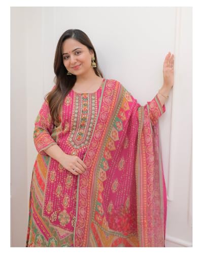 Blissful Threads Women's Cotton Printed Sequence Embroidered Work Straight Kurta