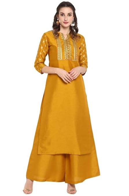Jasmine Women's Mustard Silk Blend Foil Printed Kurta with Palazzo