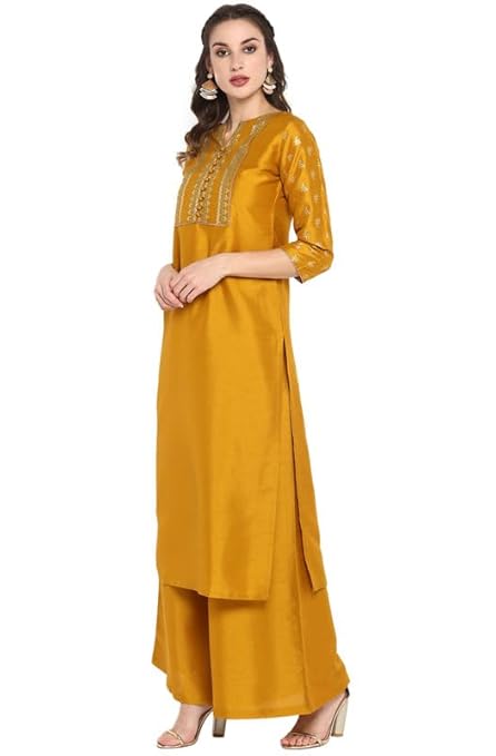 Jasmine Women's Mustard Silk Blend Foil Printed Kurta with Palazzo
