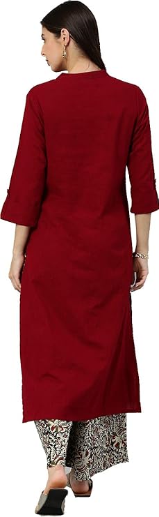 Yuvika Gallery Women's Cotton Slub & Cambric Cotton Solid & Kalamkari Printed Straight Kurta Palazzo