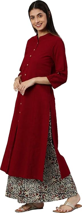 Yuvika Gallery Women's Cotton Slub & Cambric Cotton Solid & Kalamkari Printed Straight Kurta Palazzo