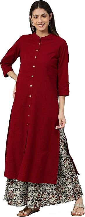 Yuvika Gallery Women's Cotton Slub & Cambric Cotton Solid & Kalamkari Printed Straight Kurta Palazzo