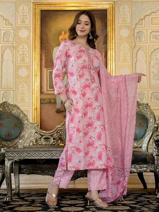 Virika Women's Rayon Blend Floral Straight Printed Kurta Pant with Dupatta