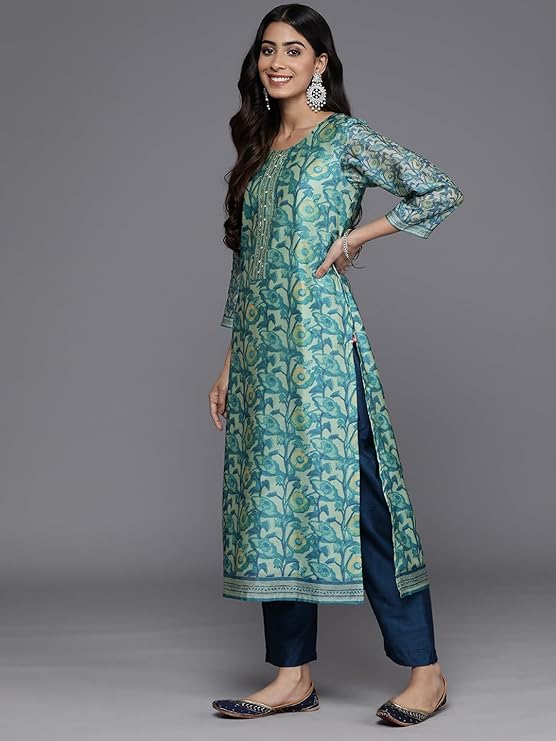 Vibranta Women's Silk Blend Sea Floral Printed Kurta Set with Bottom and Printed Dupatta