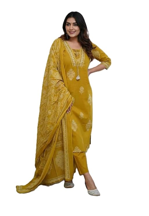 Poshak | Women's Pure Cotton Printed with Handwork Kurta with Pants and Dupatta Set