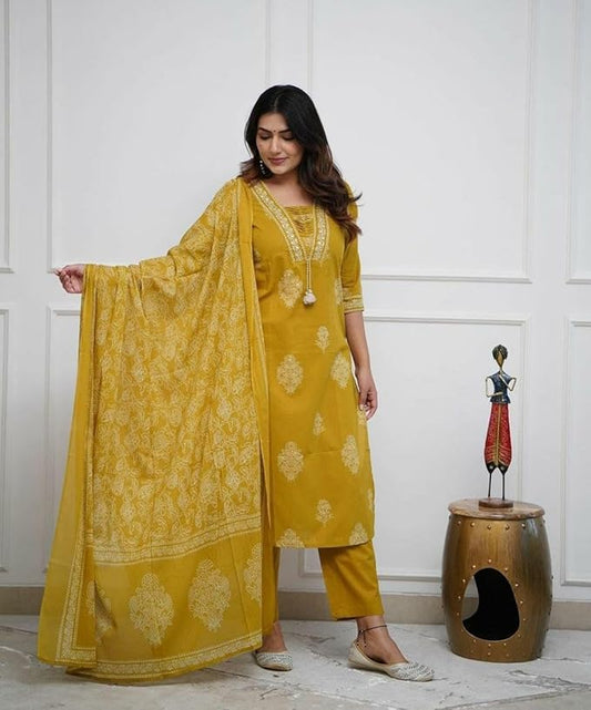 Poshak | Women's Pure Cotton Printed with Handwork Kurta with Pants and Dupatta Set