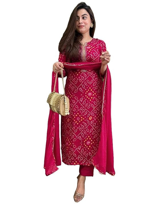 Gauri Women's Rayon Viscose Straight Bandhej Printed Kurta with Pant & Dupatta