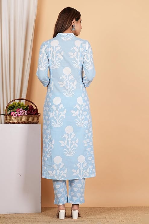 Yazmin Gallery Women's Cotton Calf Length V-Neck Botanical Print Regular Fitted Anarkali Kurta With Pant & Dupatta