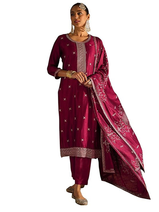 Indira Women's Silk Blend Kurta Pant With Dupatta