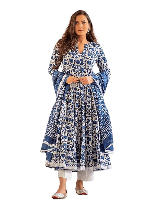 MEERA FAB Women's Cotton Printed Anarkali Kurta