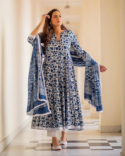 MEERA FAB Women's Cotton Printed Anarkali Kurta