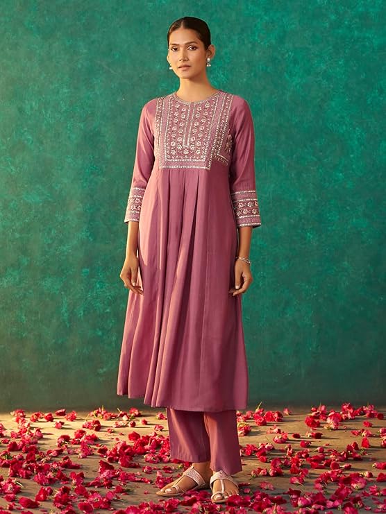 Aafiya A-Line Embroidered Kurta Set with Pockets and Solid Straight Pants