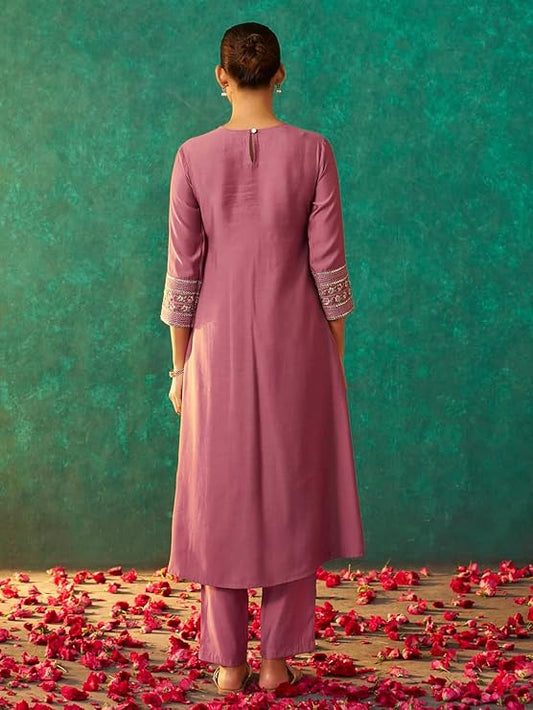 Aafiya A-Line Embroidered Kurta Set with Pockets and Solid Straight Pants