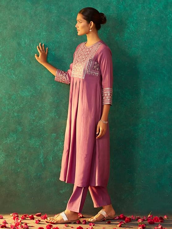 Aafiya A-Line Embroidered Kurta Set with Pockets and Solid Straight Pants