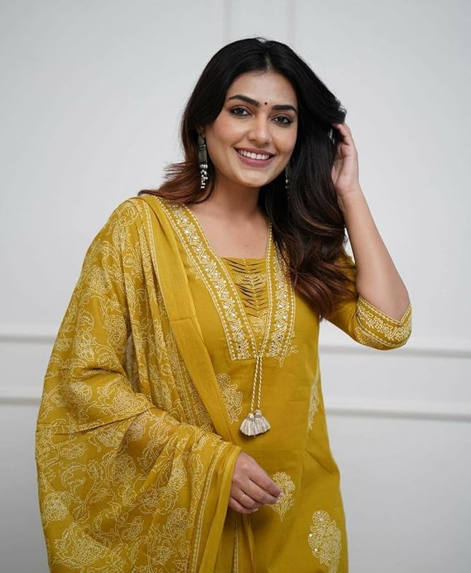 Poshak | Women's Pure Cotton Printed with Handwork Kurta with Pants and Dupatta Set