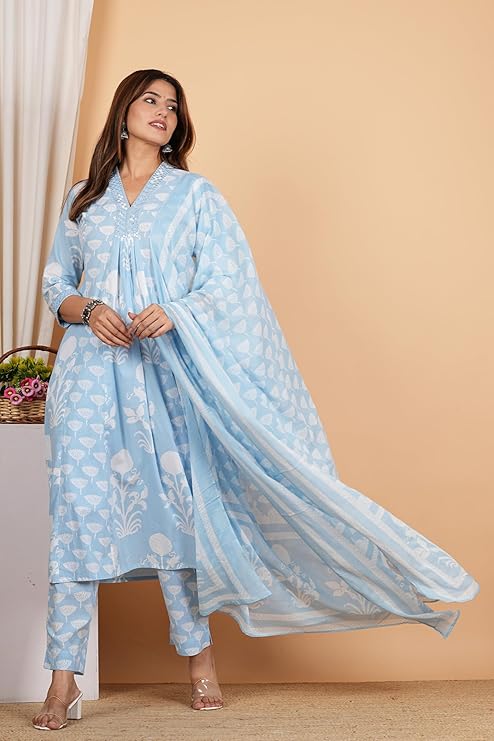 Yazmin Gallery Women's Cotton Calf Length V-Neck Botanical Print Regular Fitted Anarkali Kurta With Pant & Dupatta