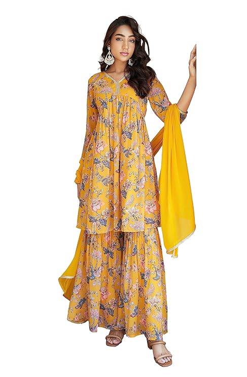 Juno Women's Georgette Digital Floral Printed Kurta with Sharara and Dupatta