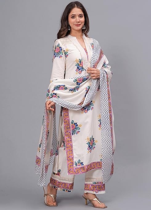 Aarvi Women's Pure Cotton Printed Straight Kurta Set