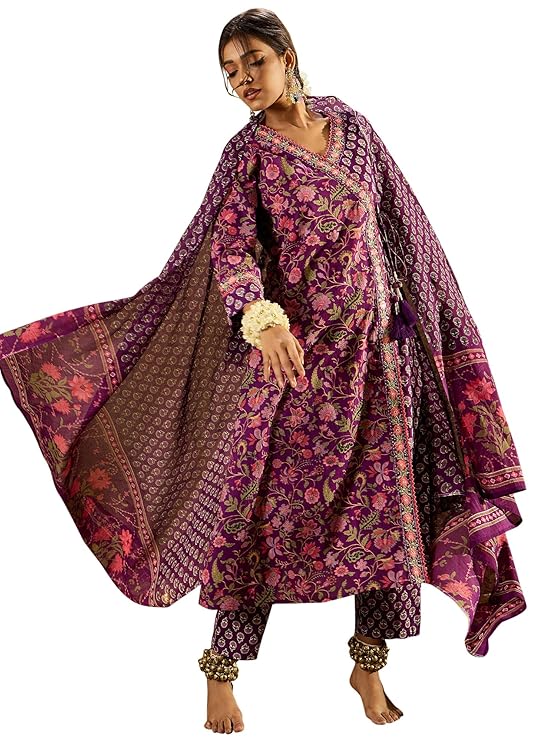 Ivana Women's Silk Blend Floral Embroidered Angrakha Kurta Palazzo With Dupatta Set