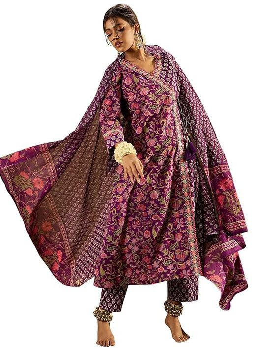 Ivana Women's Silk Blend Floral Embroidered Angrakha Kurta Palazzo With Dupatta Set