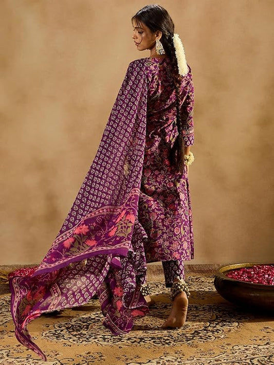 Ivana Women's Silk Blend Floral Embroidered Angrakha Kurta Palazzo With Dupatta Set