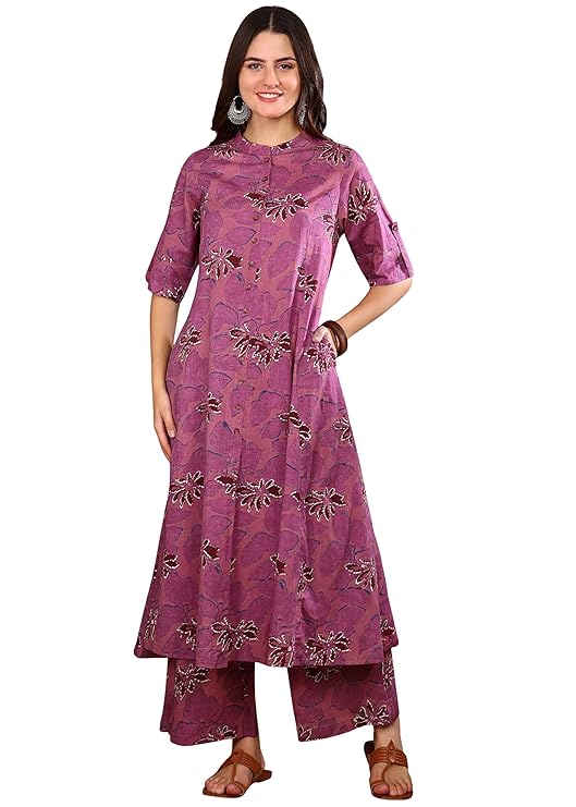 Yuvika Gallery Women's Cotton Floral Print Knee-Length Half Sleeve A-line Kurta With Pant