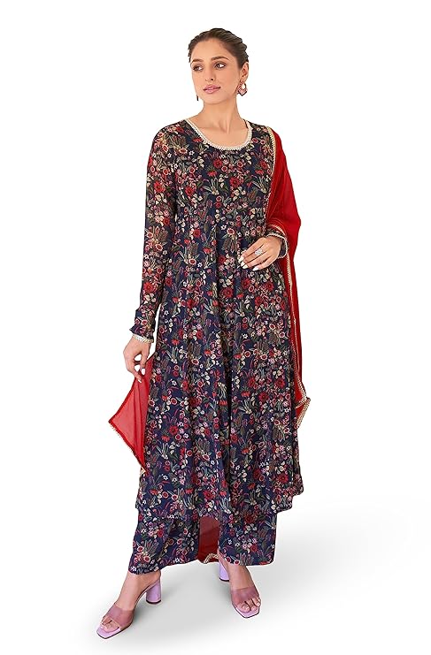 Jalaja Women's Dark Blue Georgette Digital Floral Printed Kurta with Palazzo and Dupatta