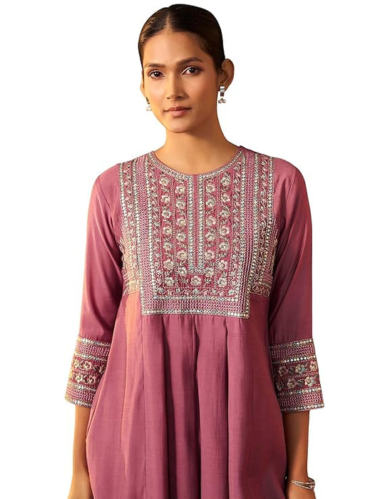 Aafiya A-Line Embroidered Kurta Set with Pockets and Solid Straight Pants