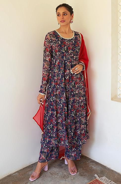 Jalaja Women's Dark Blue Georgette Digital Floral Printed Kurta with Palazzo and Dupatta