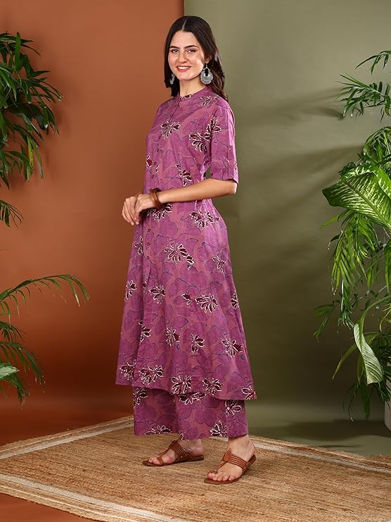 Yuvika Gallery Women's Cotton Floral Print Knee-Length Half Sleeve A-line Kurta With Pant