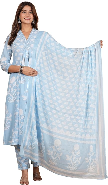 Yazmin Gallery Women's Cotton Calf Length V-Neck Botanical Print Regular Fitted Anarkali Kurta With Pant & Dupatta