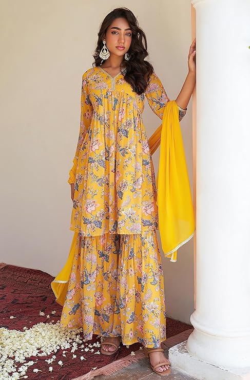 Juno Women's Georgette Digital Floral Printed Kurta with Sharara and Dupatta