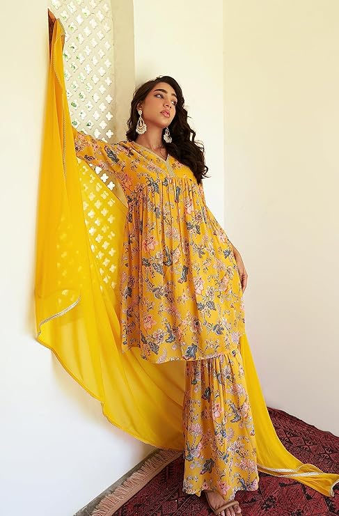 Juno Women's Georgette Digital Floral Printed Kurta with Sharara and Dupatta